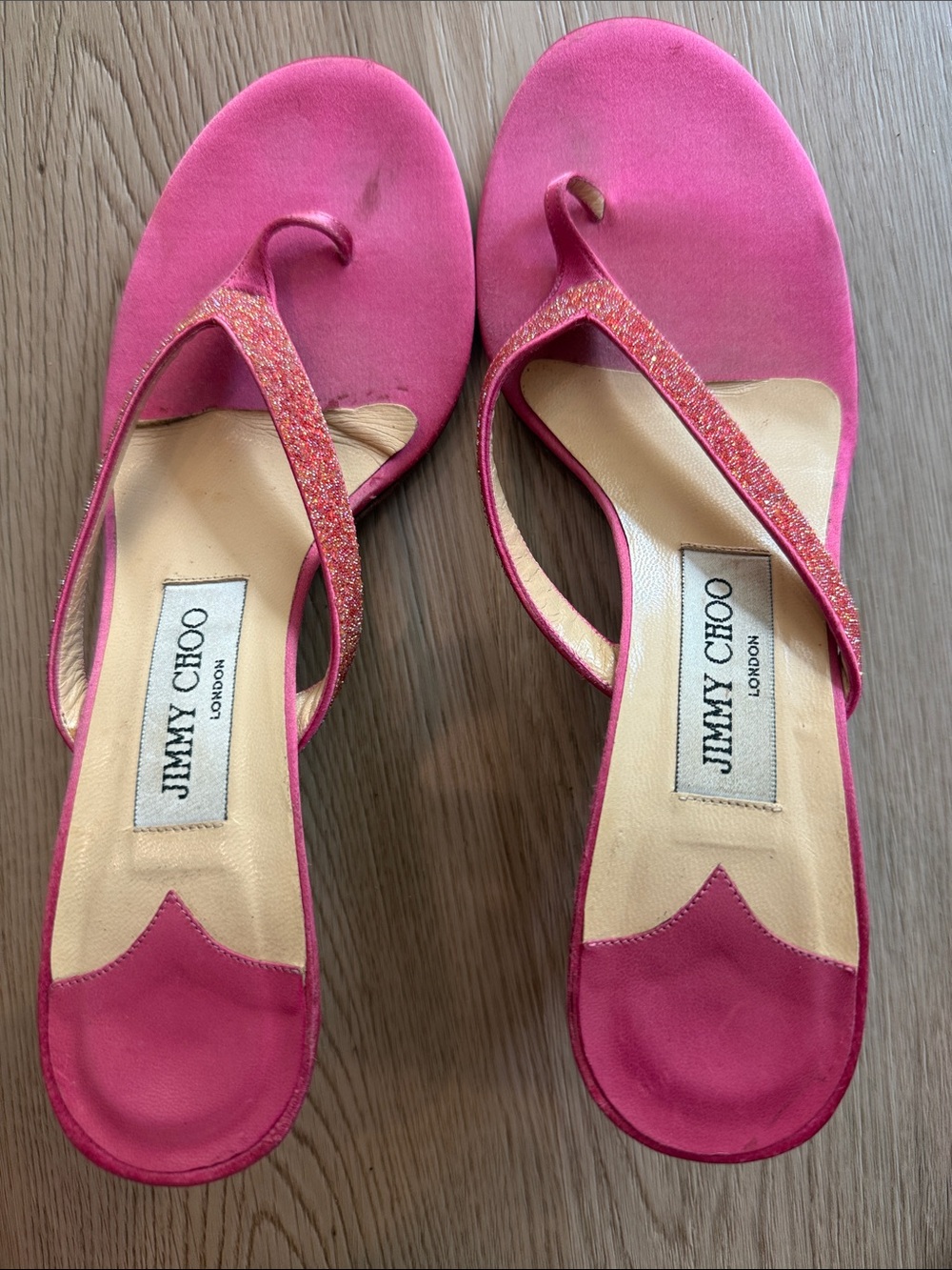 Jimmy Choo Hot Pink Glitter T-Strap Women's Sandals